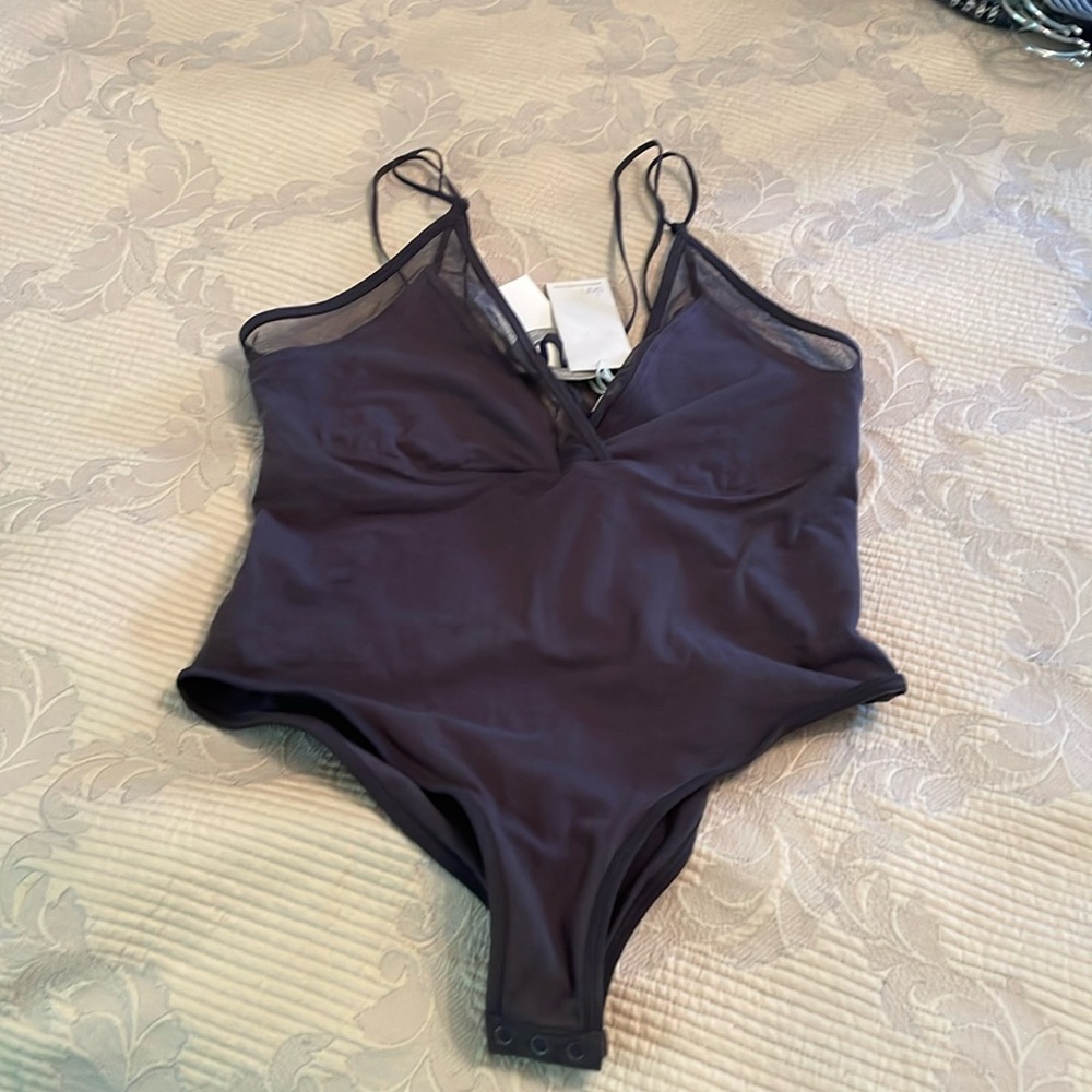 NWT  Skin body suit S  cotton Elastin stretch Grey mesh